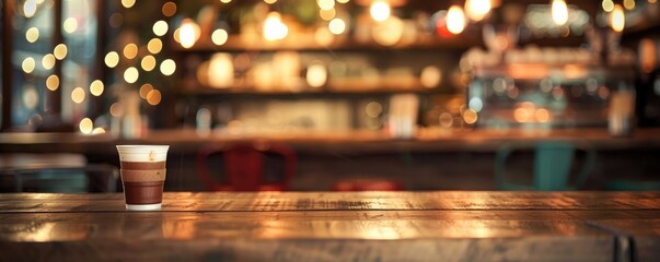 mug of coffee rests on a rustic wooden table in a warmly lit, inviting cafe atmosphere - obrazy, fototapety, plakaty