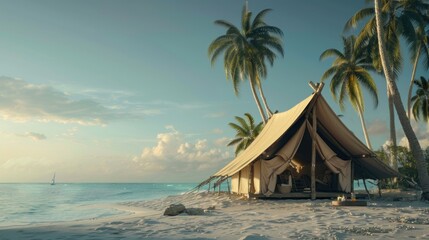 Scenic tent nestled amidst natural and beach views, offering an idyllic coastal retreat
 - obrazy, fototapety, plakaty