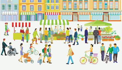 Stadtsilhouette mit Menschengruppen in der Freizeit im Wohnviertel, Illustration - 765471622