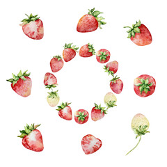 Watercolor strawberries wreath, red berries
