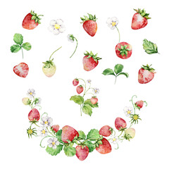 Watercolor strawberries wreath, red berries