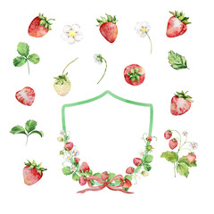 Watercolor strawberries wreath, red berries