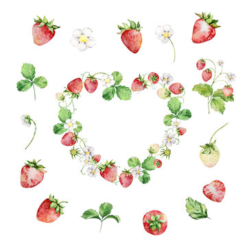 Watercolor strawberries wreath, red berries