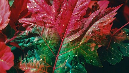 This image captures the intense red hue of a leaf with glistening water droplets, highlighting nature's intricate beauty and textures
