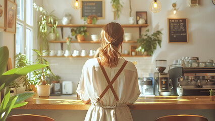 Back view of female in cafe. Young girl standing at coffee shop counter with sunlight