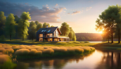 new country house (Modern ecological house) against the backdrop of a beautiful summer landscape in the late evening with a bright sunset (morning sunrise), the concept of living in environmentally 