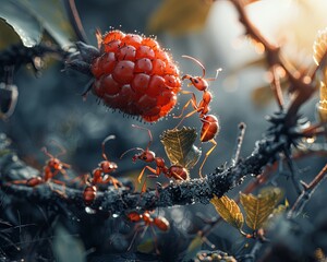 A brigade of ants cooperatively maneuvers a fallen berry, a macro scene of teamwork in the underbrush, macro photography. - obrazy, fototapety, plakaty