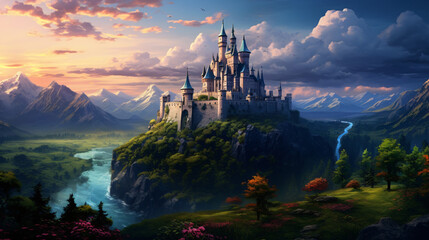 Artistic illustration of a fantasy castle on the beaut - obrazy, fototapety, plakaty