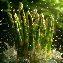 A bunch of asparagus spears cutting through a splash, the green stalks vibrant against the contrasting darkness