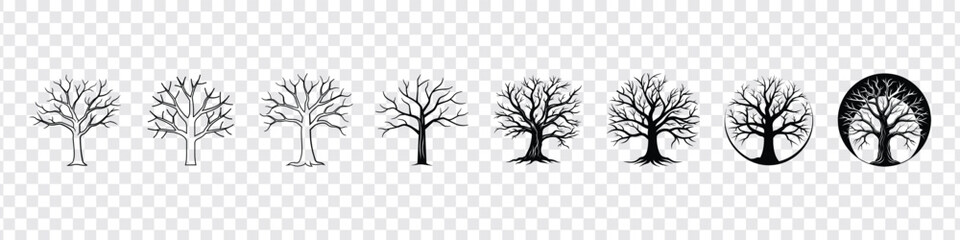 Dry tree icon set, black tree without leaves on white background, trees with roots, trees silhouettes set. - obrazy, fototapety, plakaty
