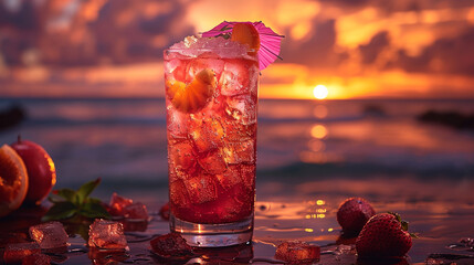 A beachside cocktail served in a tall glass, garnished with fresh fruit slices and a cocktail umbrella, set against the backdrop of a stunning sunset.