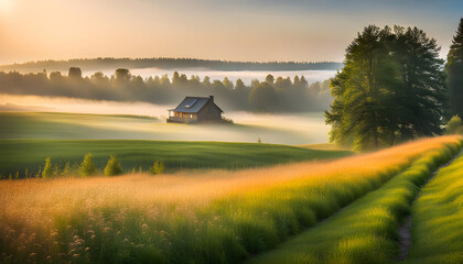 Fototapeta premium new country house (Modern ecological house) against the backdrop of a beautiful summer landscape in the late evening with a bright sunset (morning sunrise), the concept of living in environmentally 