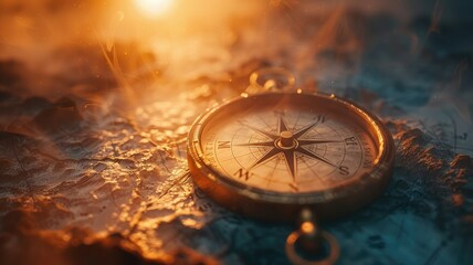 Antique compass on vintage map at sundown - Old golden compass atop a weathered map with warm sunlight casting a nostalgic and adventurous glow - obrazy, fototapety, plakaty
