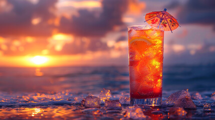A beachside cocktail served in a tall glass, garnished with fresh fruit slices and a cocktail...