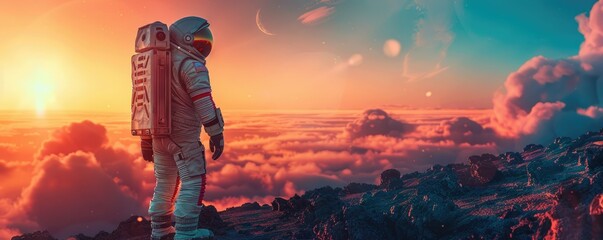 Astronaut gazing at a dreamy sunrise - An astronaut is captured looking over a cloudy landscape at sunrise, symbolizing hope and new beginnings - obrazy, fototapety, plakaty
