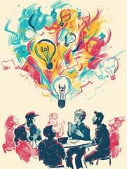 Brainstorming session with light bulb moments - Creative illustration of people sitting around a table brainstorming, with light bulbs representing ideas, in a colorful and dynamic composition