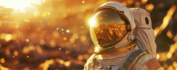 Close-up of astronaut with golden flare - Detailed close-up of an astronaut helmet reflecting a golden mountain, symbolizing achievement and discovery - obrazy, fototapety, plakaty