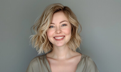 A beautiful woman with blonde hair in a bob style smiling at the camera - obrazy, fototapety, plakaty