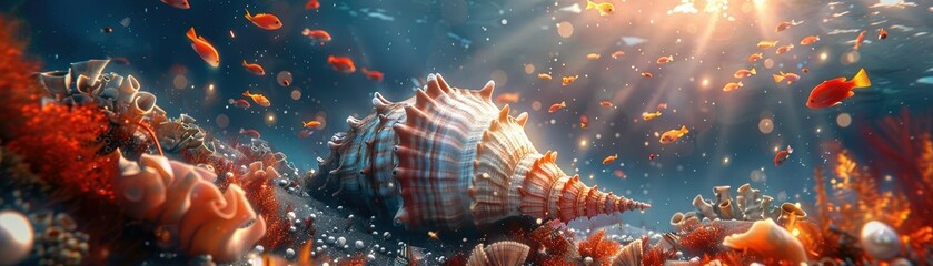 Colorful underwater scenery with vibrant shell - An array of marine fauna around a vivid conch shell highlights the diverse and magical underwater ecosystem - obrazy, fototapety, plakaty