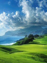Coastal golf course with ocean and mountain views - An inviting digital image of a coastal golf course with a backdrop of the ocean and towering mountains