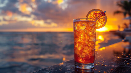 A beachside cocktail served in a tall glass, garnished with fresh fruit slices and a cocktail...