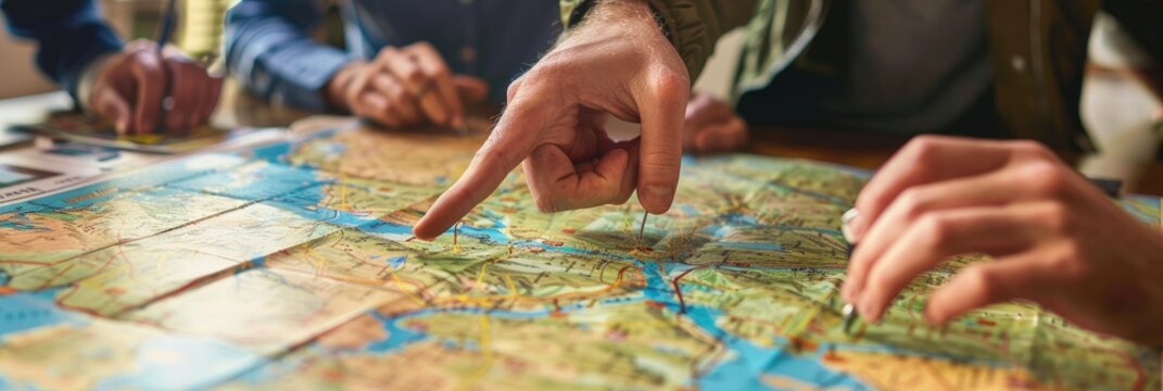 Close-up of fingers on a map - An intimate view of hands planning a route on a colorful topographic map for an adventure