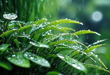 Fototapeta na wymiar Background image of water drops and plants, grass in the rain, pure nature, background for design,