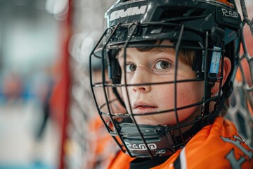 Focused youth hockey player before a game - A close-up shot of a focused young hockey player's face partially obscured by a protective helmet