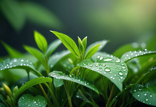 Background image of water drops and plants, grass in the rain, pure nature, background for design,