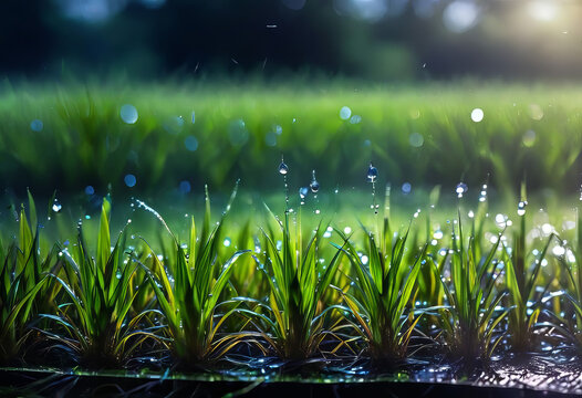 Background image of water drops and plants, grass in the rain, pure nature, background for design,
