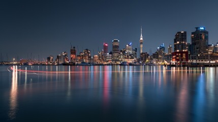 Harbor Lights A Captivating Cityscape Panorama with Glowing Boat Trails