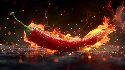 Foto op Plexiglas red hot chili pepper in flames on black background, hyper detailed, hyper realistic, octane render, 3D rendering , realistic illustration style , low noise , low texture movie lighting © SalineeChot