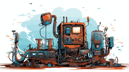 A cybernetic wasteland with rusted machinery - obrazy, fototapety, plakaty