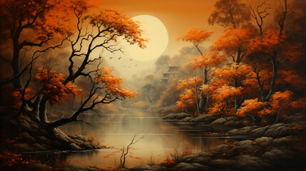 Autumn landscape forest orange tree lake ..
