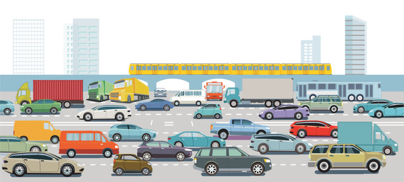 Personenwagen und Lastwagen auf der Autobahn  Illustration