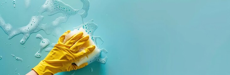 A yellow glove cleans the surface with a foam sponge. Banner. Place for the text. High quality photo - obrazy, fototapety, plakaty
