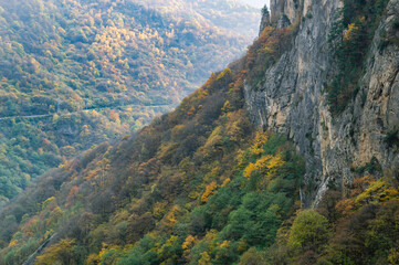 The outlines of the mountain range in autumn. A mountain gorge high in the mountains. Transmission...