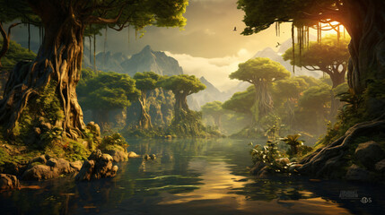 Beautiful fantasy land with lake and giant trees ..