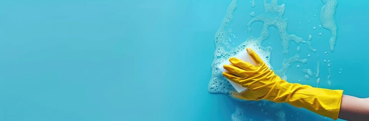 A yellow glove cleans the surface with a foam sponge. Banner. Place for the text. High quality photo