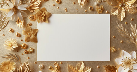 Christmas greeting card. white blank greeting card surrounded by gold decorations, with gold floral and leaves in the background creating a golden festive style, top view