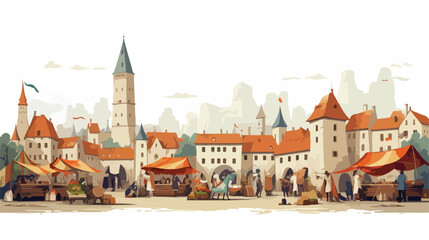 A medieval town with a bustling marketplace and a to - obrazy, fototapety, plakaty