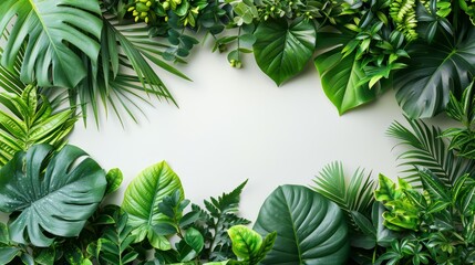 The layout features colorful tropical leaves on a white background. Minimal summer exotic concept with copy space. The border arrangement provides a nice finishing touch.