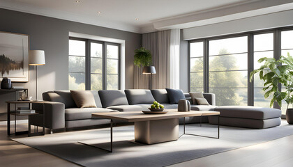 Modern Interior of a bright living room with gray sofas, a coffee table and a large window, 3D rendering, model of a modern living room design,