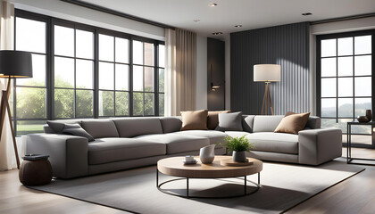 Fototapeta premium Modern Interior of a bright living room with gray sofas, a coffee table and a large window, 3D rendering, model of a modern living room design,