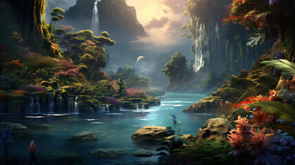 Fototapeta na wymiar Beautiful fantasy surreal landscape with river and lus