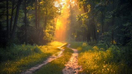 A dirt road surrounded by trees and grass with the sun shining through the trees.