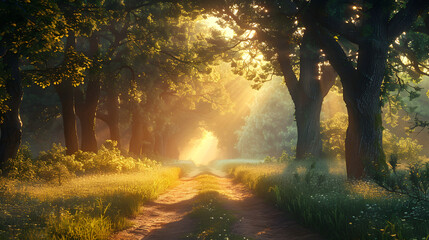 Obraz premium A dirt road surrounded by trees and grass with the sun shining through the trees.