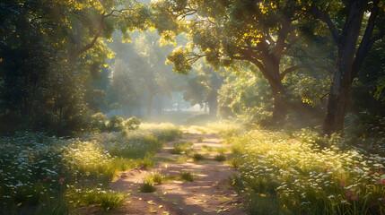 A dirt road surrounded by trees and grass with the sun shining through the trees. - Powered by Adobe