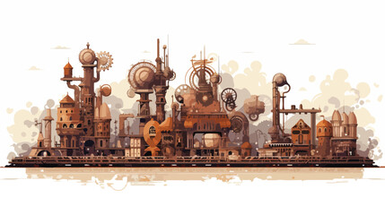 A steampunk cityscape with elaborate machinery - obrazy, fototapety, plakaty