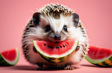 Cute hedgehog with watermelon on pink background